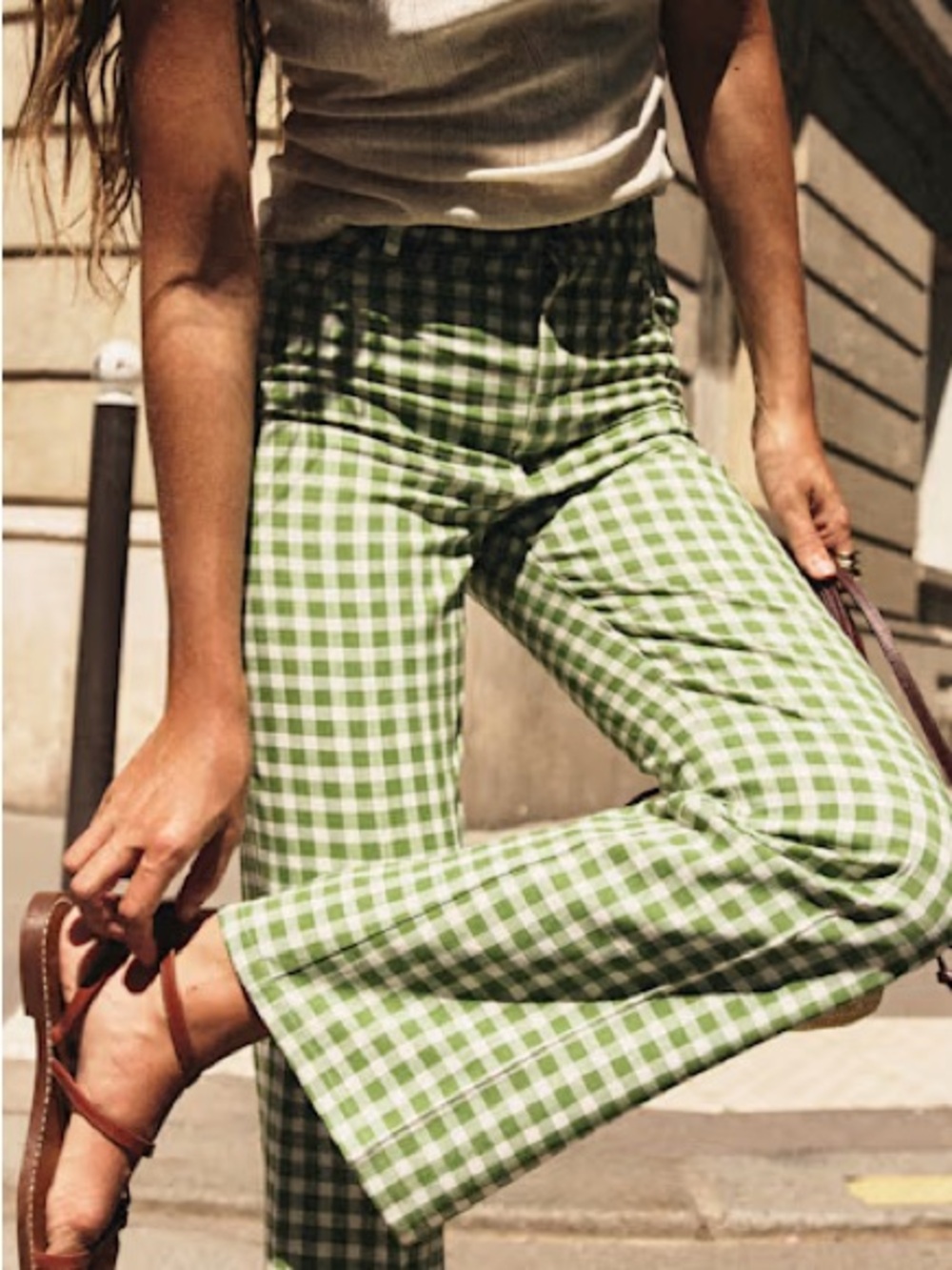 Sezane Le Flare Green Gingham Pants NWT
